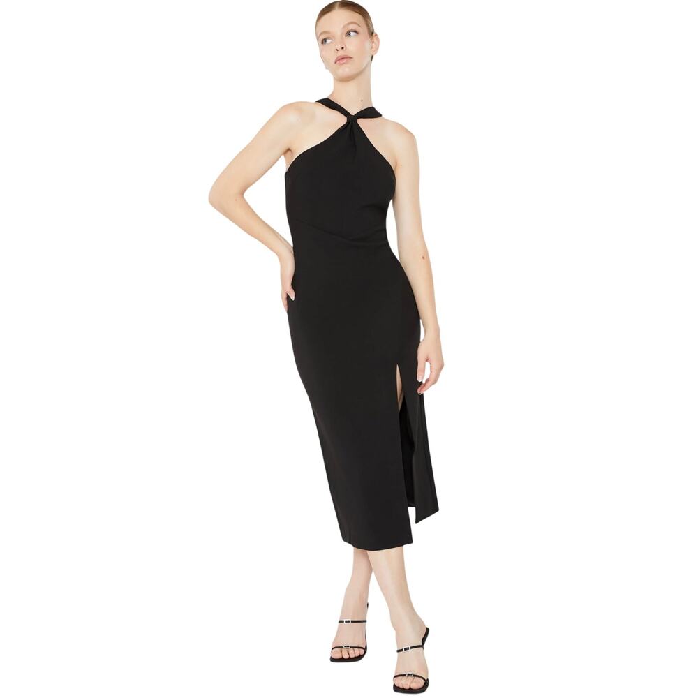 LIKELY Sleeveless Halter Criss Cross Black Midi Dress Size 0 Front Slit